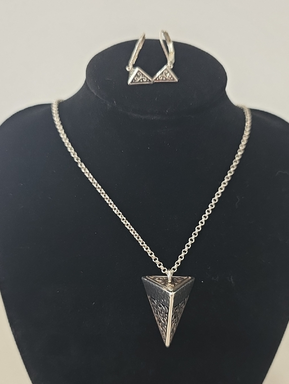 Brighton Astrid Silver-Tone Engraved Triangle Long Pendant Necklace and Earrings
